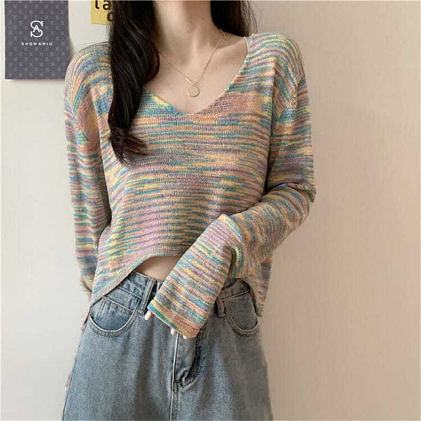 Fashion V Neck Tie-dyed Long Sleeve Crop Top