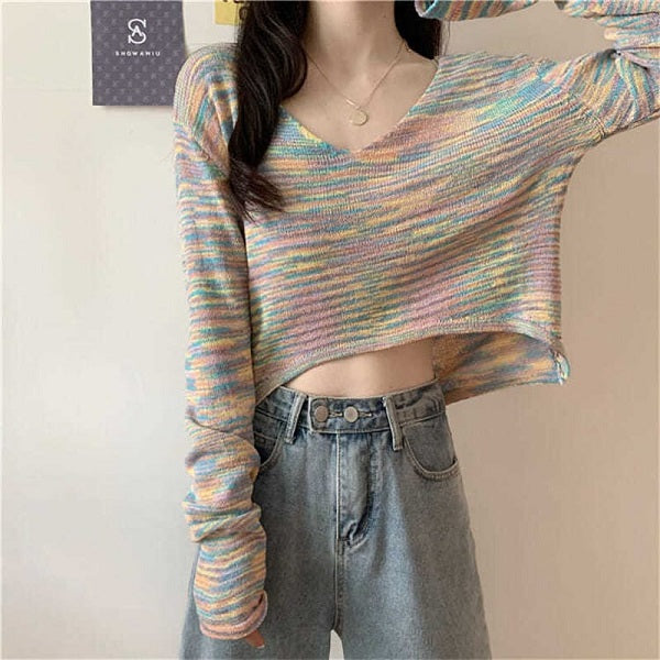 Fashion V Neck Tie-dyed Long Sleeve Crop Top