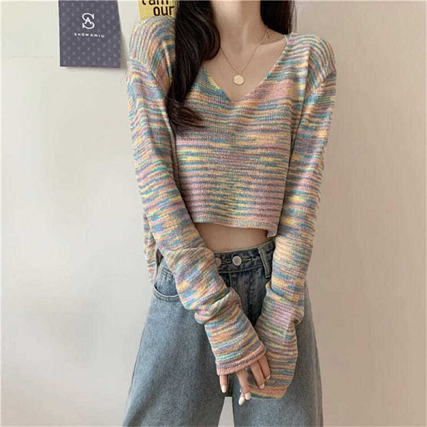 Fashion V Neck Tie-dyed Long Sleeve Crop Top