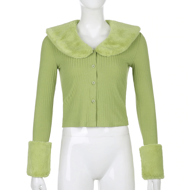 Faur Fur Patchwork V Neck Vintage Jumper Knitwear Cardigan
