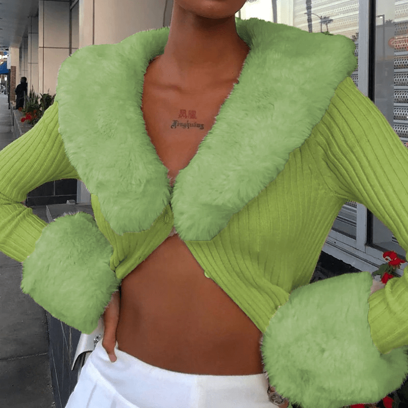 Faur Fur Patchwork V Neck Vintage Jumper Knitwear Cardigan