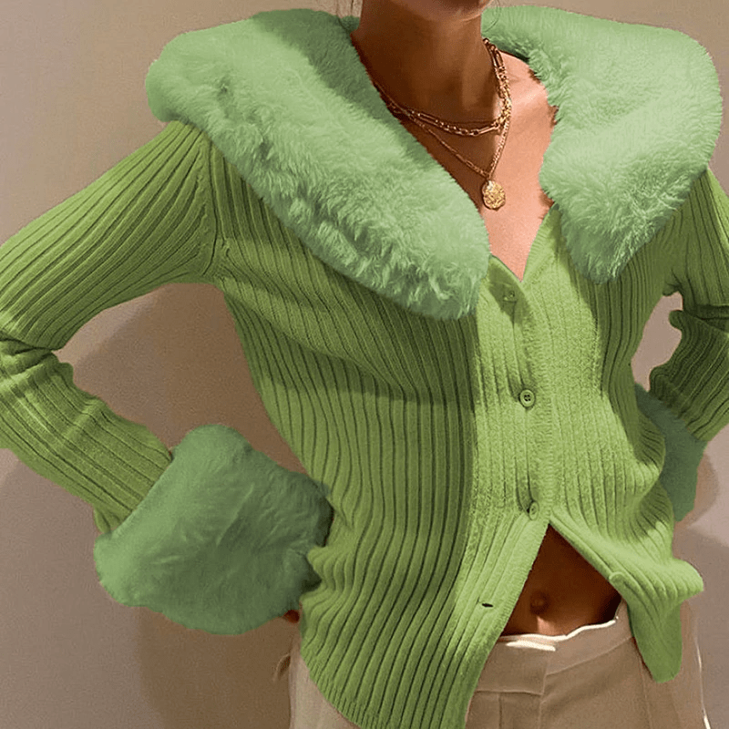 Faur Fur Patchwork V Neck Vintage Jumper Knitwear Cardigan