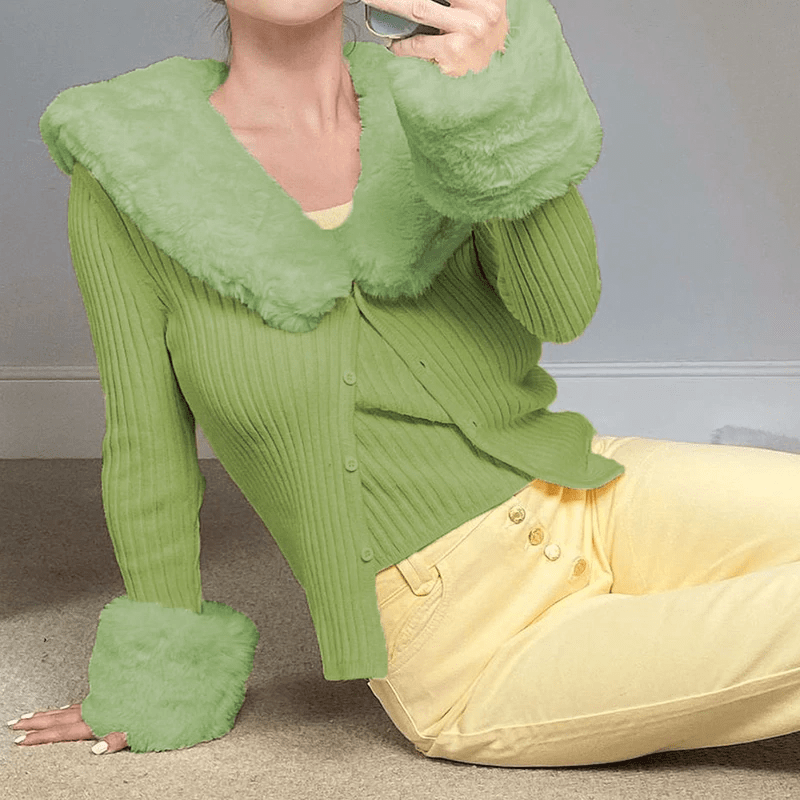 Faur Fur Patchwork V Neck Vintage Jumper Knitwear Cardigan