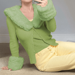 Faur Fur Patchwork V Neck Vintage Jumper Knitwear Cardigan