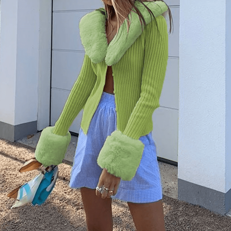 Faur Fur Patchwork V Neck Vintage Jumper Knitwear Cardigan