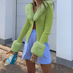Faur Fur Patchwork V Neck Vintage Jumper Knitwear Cardigan