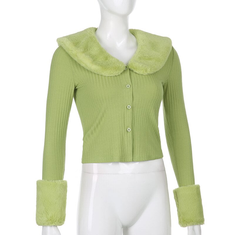 Faur Fur Patchwork V Neck Vintage Jumper Knitwear Cardigan