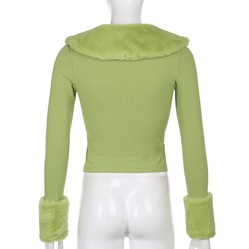 Faur Fur Patchwork V Neck Vintage Jumper Knitwear Cardigan