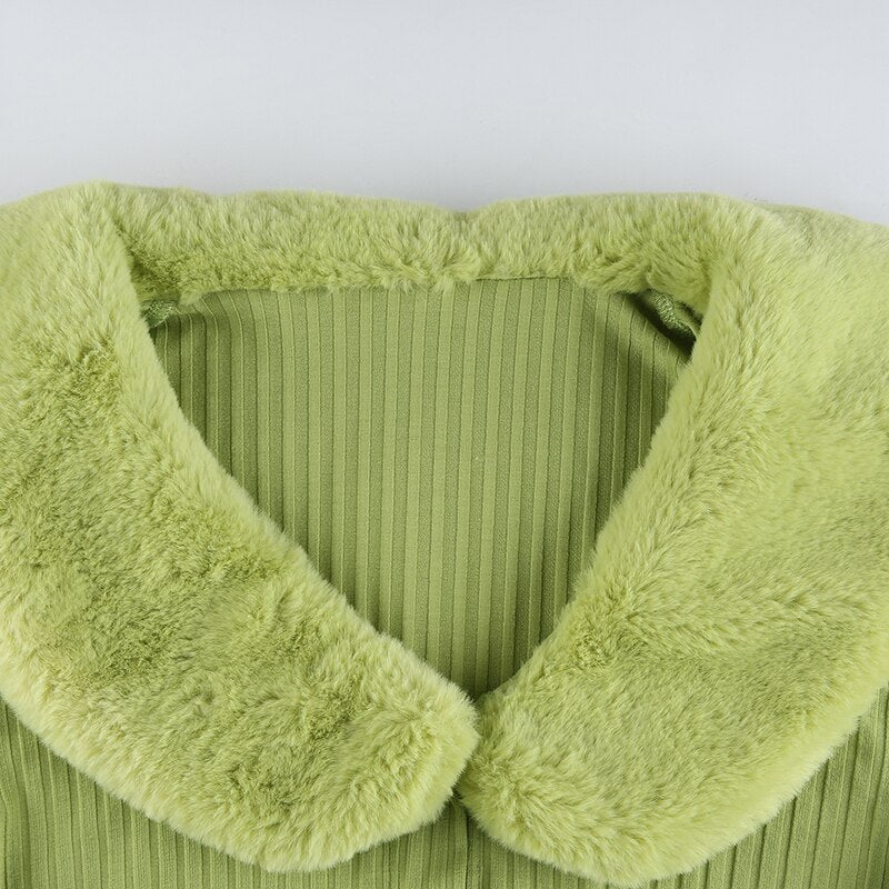 Faur Fur Patchwork V Neck Vintage Jumper Knitwear Cardigan
