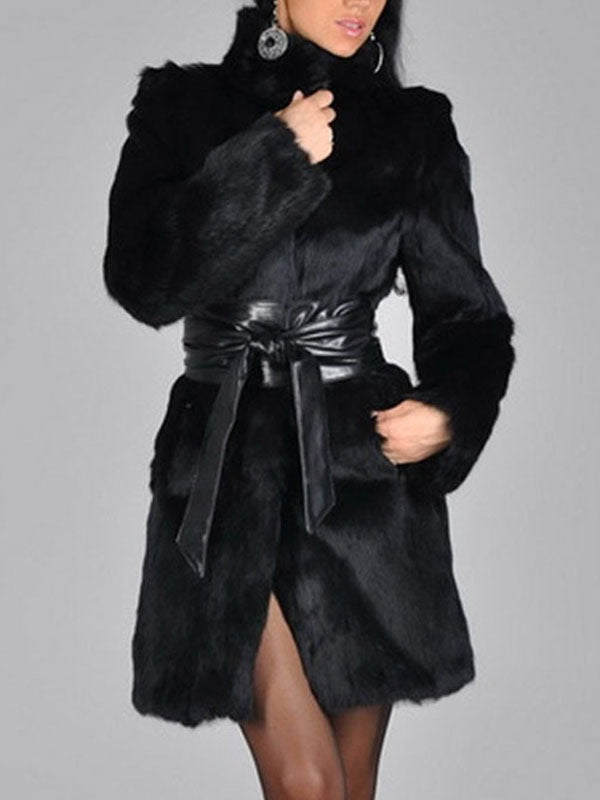 Faux Fur Coat Long Sleeve Overcoat Sash Excluded