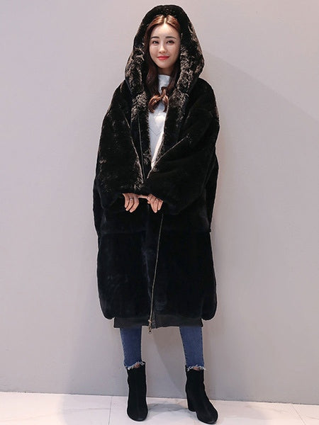 Faux Fur Hooded Long Sleeve Maxi Coat