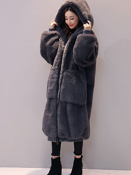 Faux Fur Hooded Long Sleeve Maxi Coat