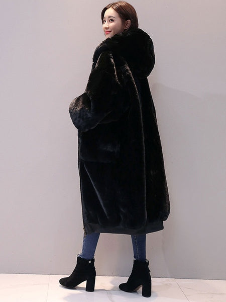 Faux Fur Hooded Long Sleeve Maxi Coat