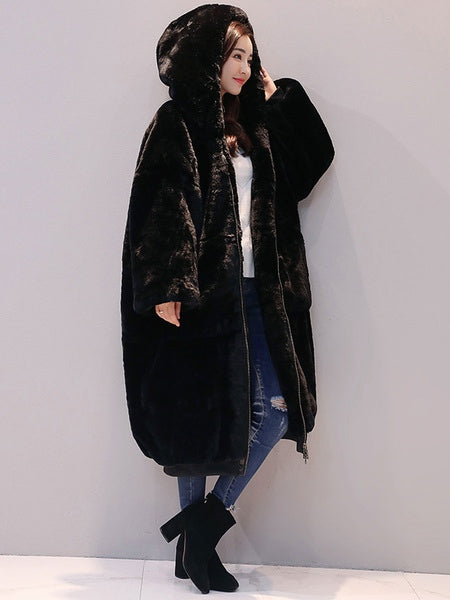 Faux Fur Hooded Long Sleeve Maxi Coat