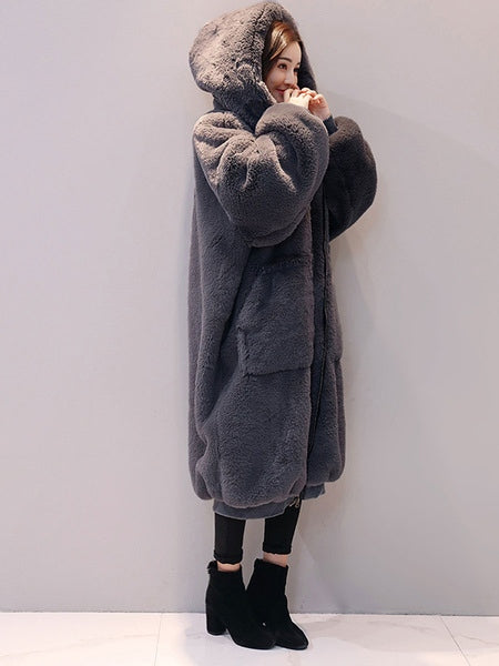 Faux Fur Hooded Long Sleeve Maxi Coat