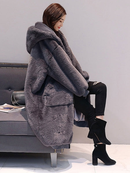 Faux Fur Hooded Long Sleeve Maxi Coat