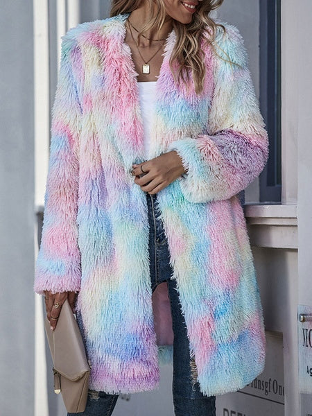 Faux Fur Long Sleeve Tie Dye Coat