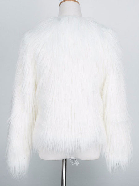 Faux Fur Long Sleeves Casual Jewel Neck Coat