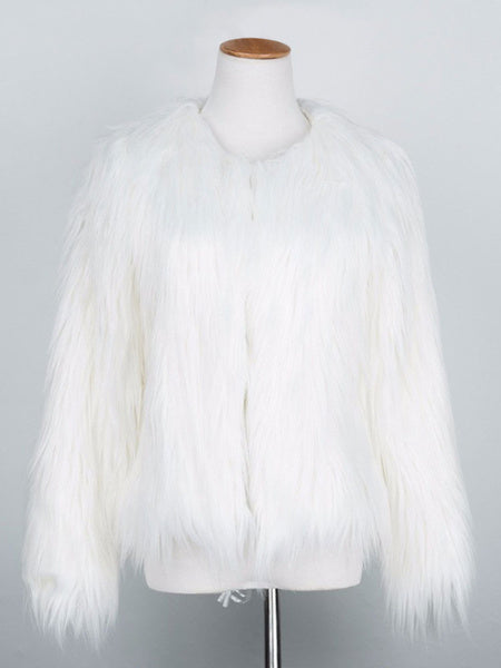 Faux Fur Long Sleeves Casual Jewel Neck Coat