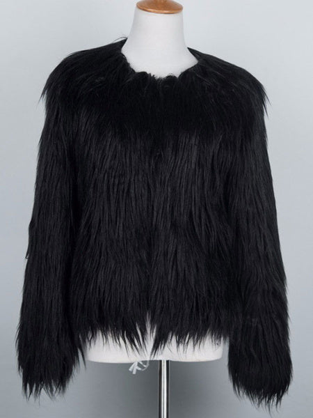 Faux Fur Long Sleeves Casual Jewel Neck Coat
