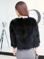 Faux Fur Long Sleeves Jewel Neck Casual Short Coat