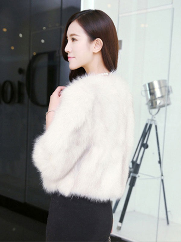 Faux Fur Long Sleeves Jewel Neck Casual Short Coat