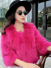 Faux Fur Long Sleeves Jewel Neck Casual Short Coat