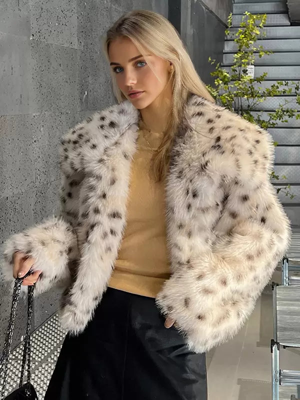 Faux Fur No Waistline Long Sleeves Animal Print Oversized Coat