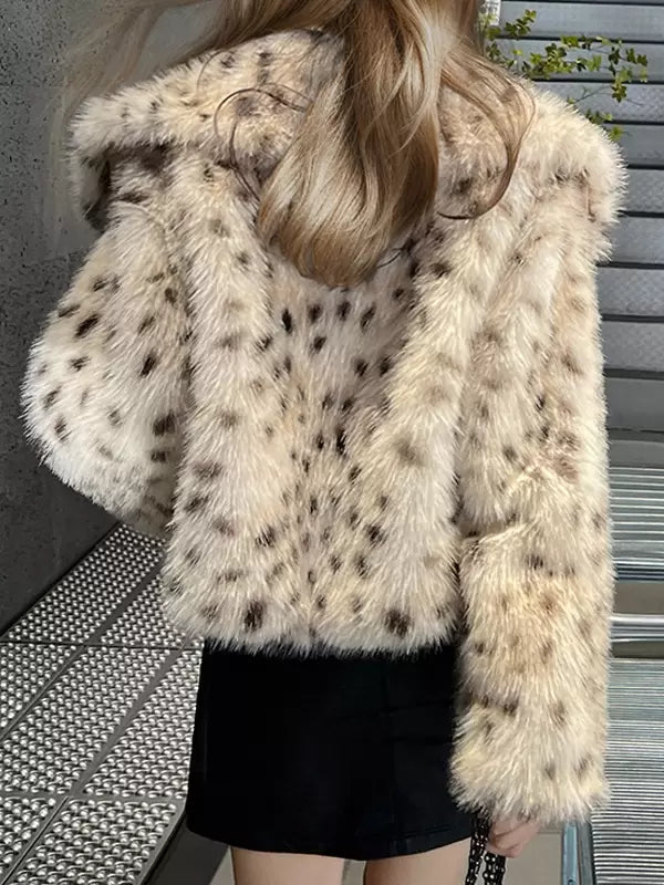 Faux Fur No Waistline Long Sleeves Animal Print Oversized Coat