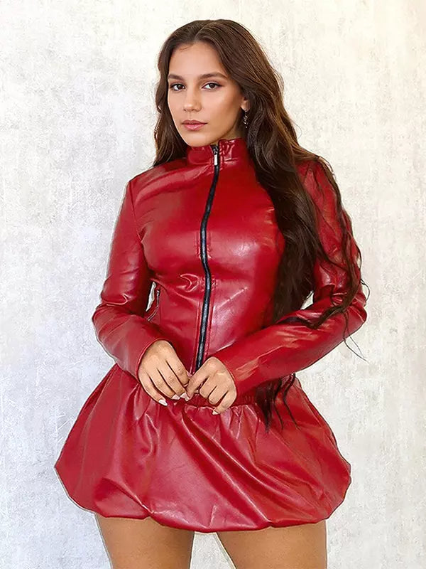 Faux Leather Long Sleeve Jacket And Bubble Skirt Night Out Two Piece Set