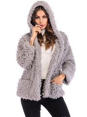 Faux Shearling Hooded Long Sleeves Short Coats With Pockets