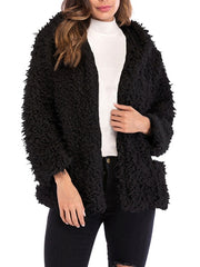 Faux Shearling Hooded Long Sleeves Short Coats With Pockets