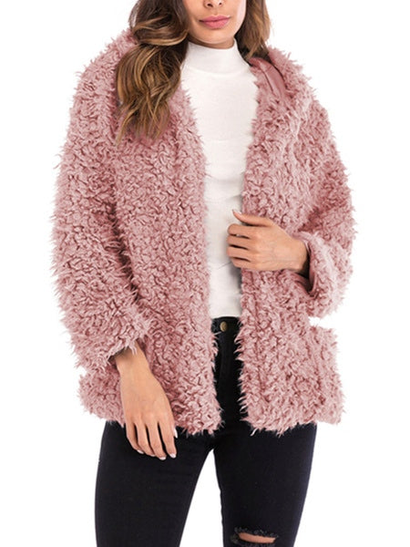 Faux Shearling Hooded Long Sleeves Short Coats With Pockets