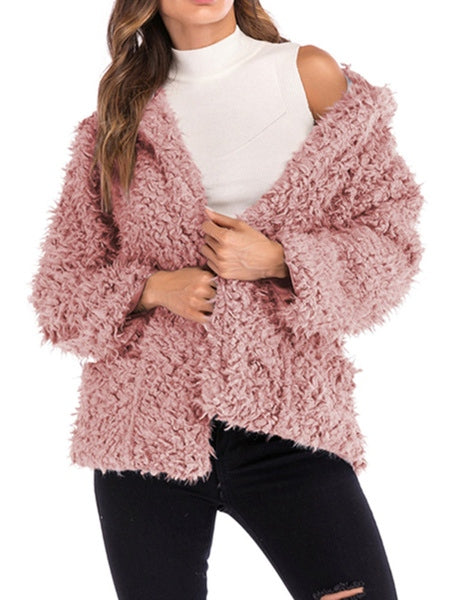 Faux Shearling Hooded Long Sleeves Short Coats With Pockets