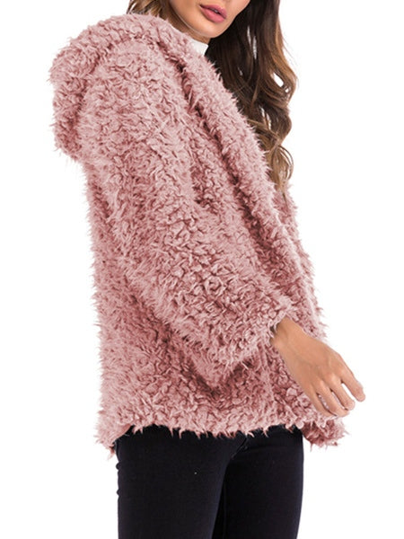 Faux Shearling Hooded Long Sleeves Short Coats With Pockets