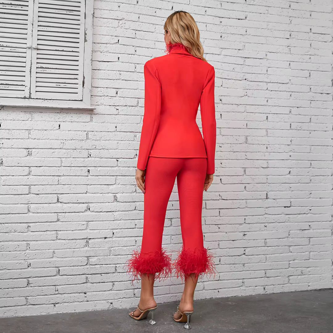 Feathers Long Sleeve Tops Blazer Straight Pants Suits Evening Party Two Piece Set