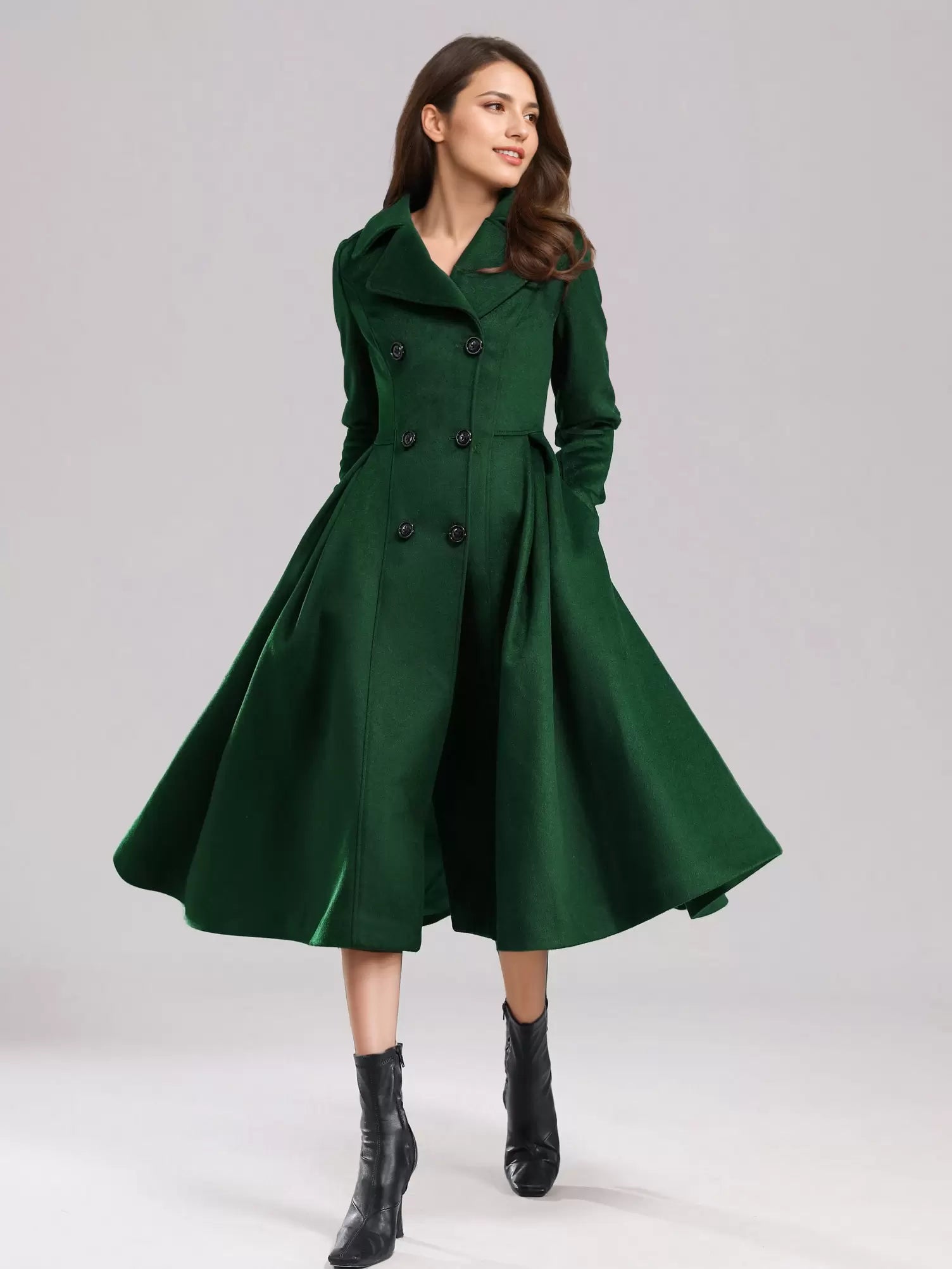 Flared A-Line Lapel Double Solid Wiast Long Sleeves Elegant And Vintage Coat