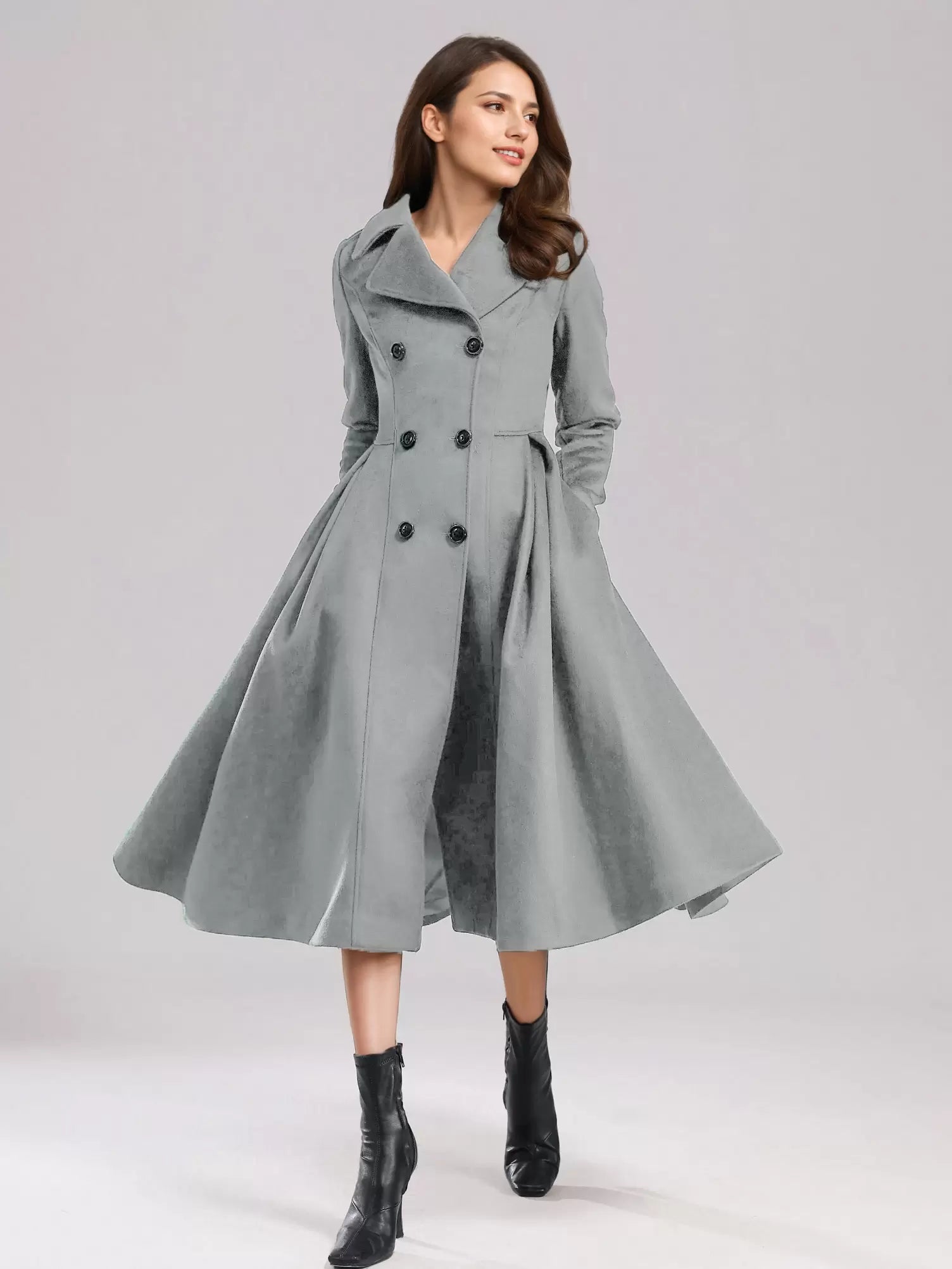 Flared A-Line Lapel Double Solid Wiast Long Sleeves Elegant And Vintage Coat