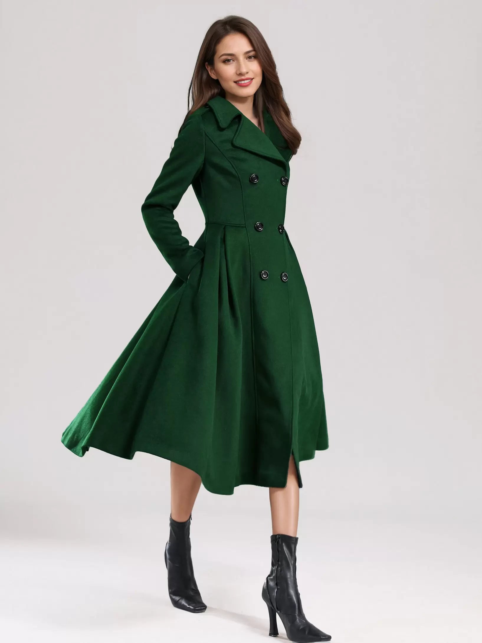 Flared A-Line Lapel Double Solid Wiast Long Sleeves Elegant And Vintage Coat