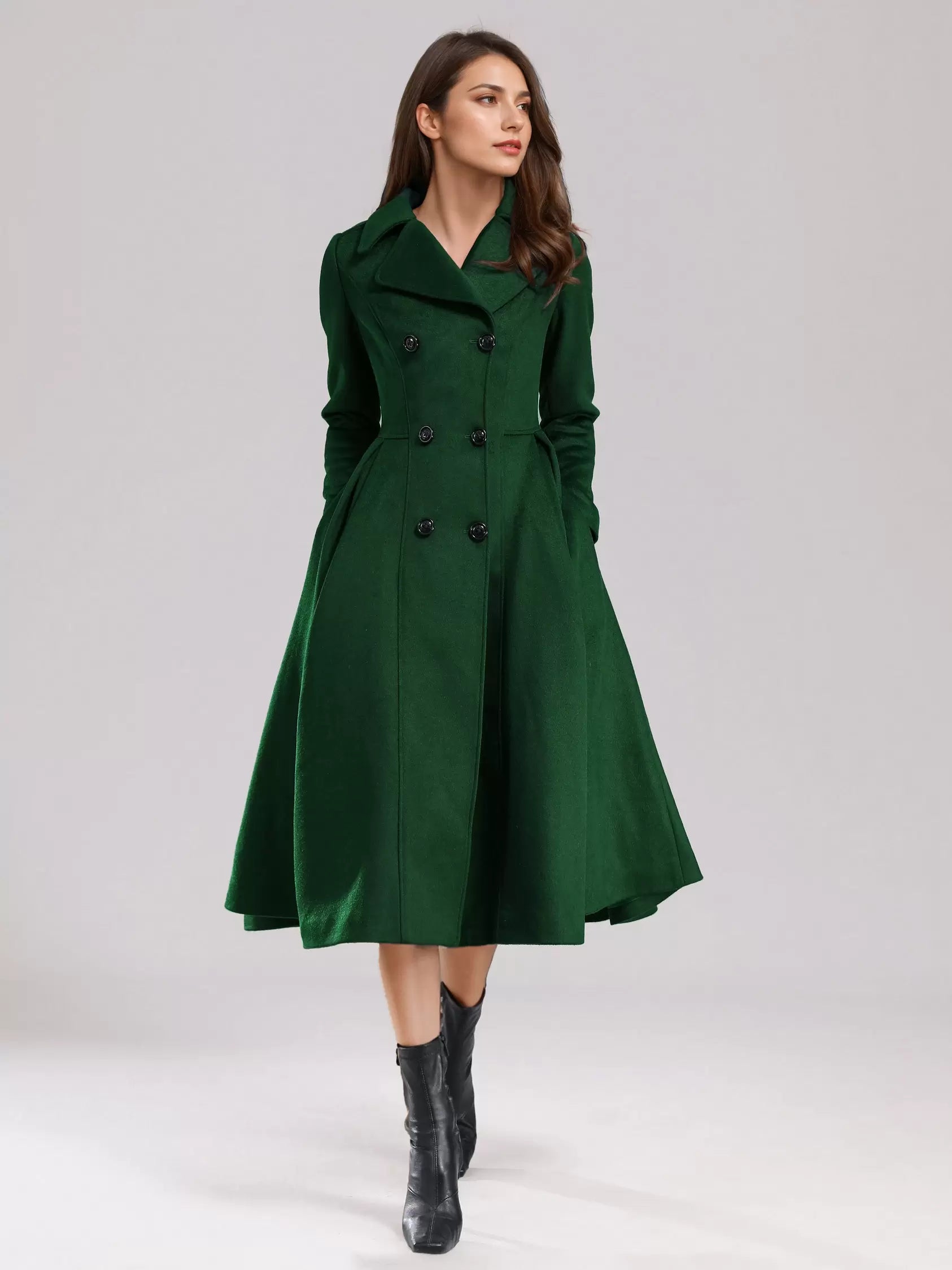 Flared A-Line Lapel Double Solid Wiast Long Sleeves Elegant And Vintage Coat