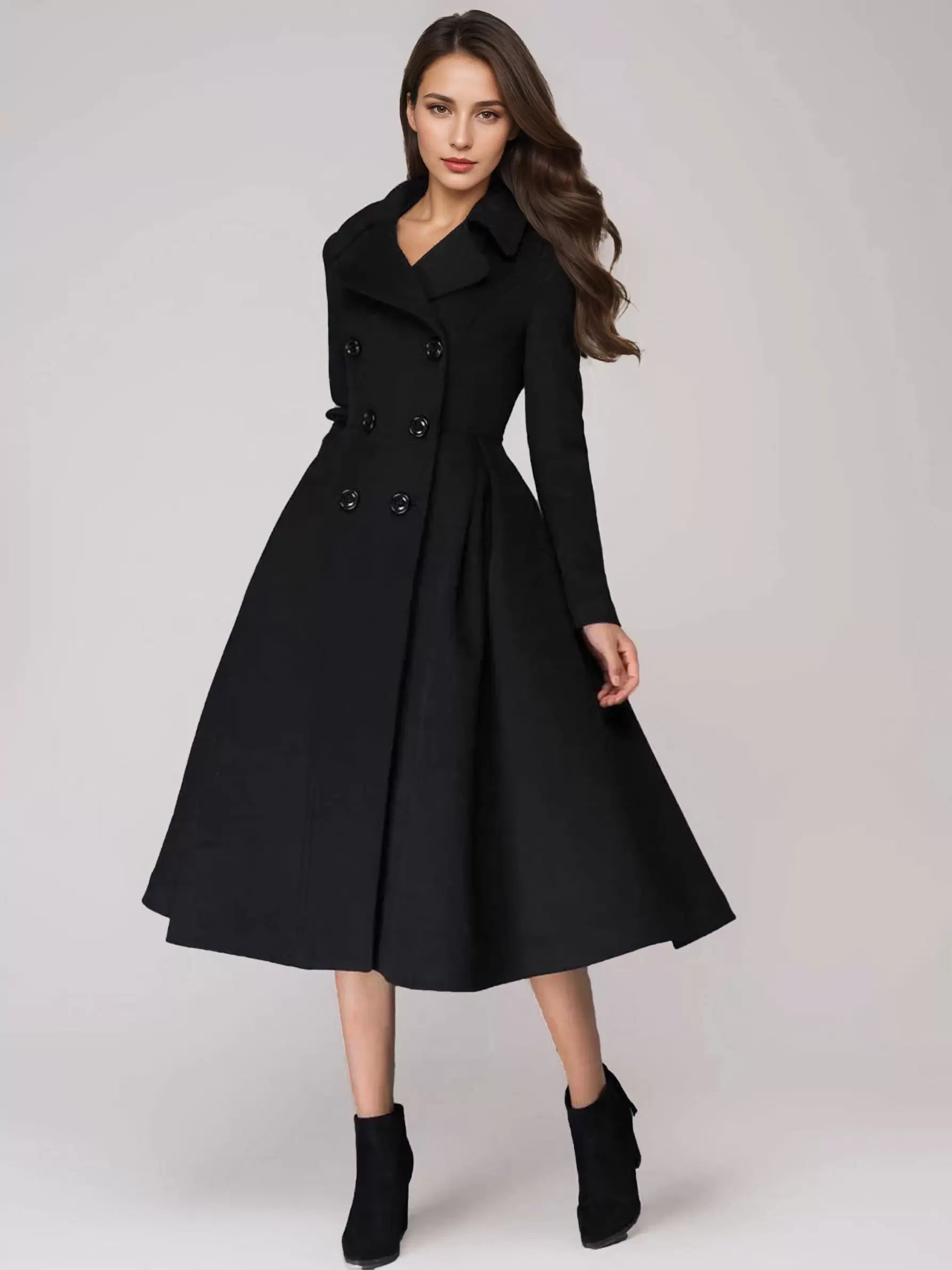 Flared A-Line Lapel Double Solid Wiast Long Sleeves Elegant And Vintage Coat