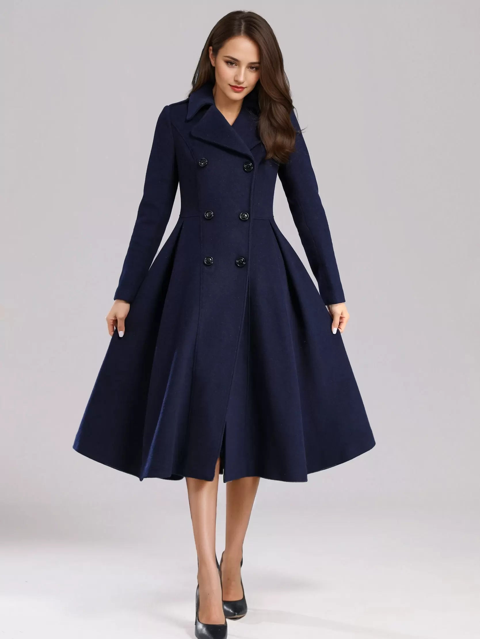 Flared A-Line Lapel Double Solid Wiast Long Sleeves Elegant And Vintage Coat