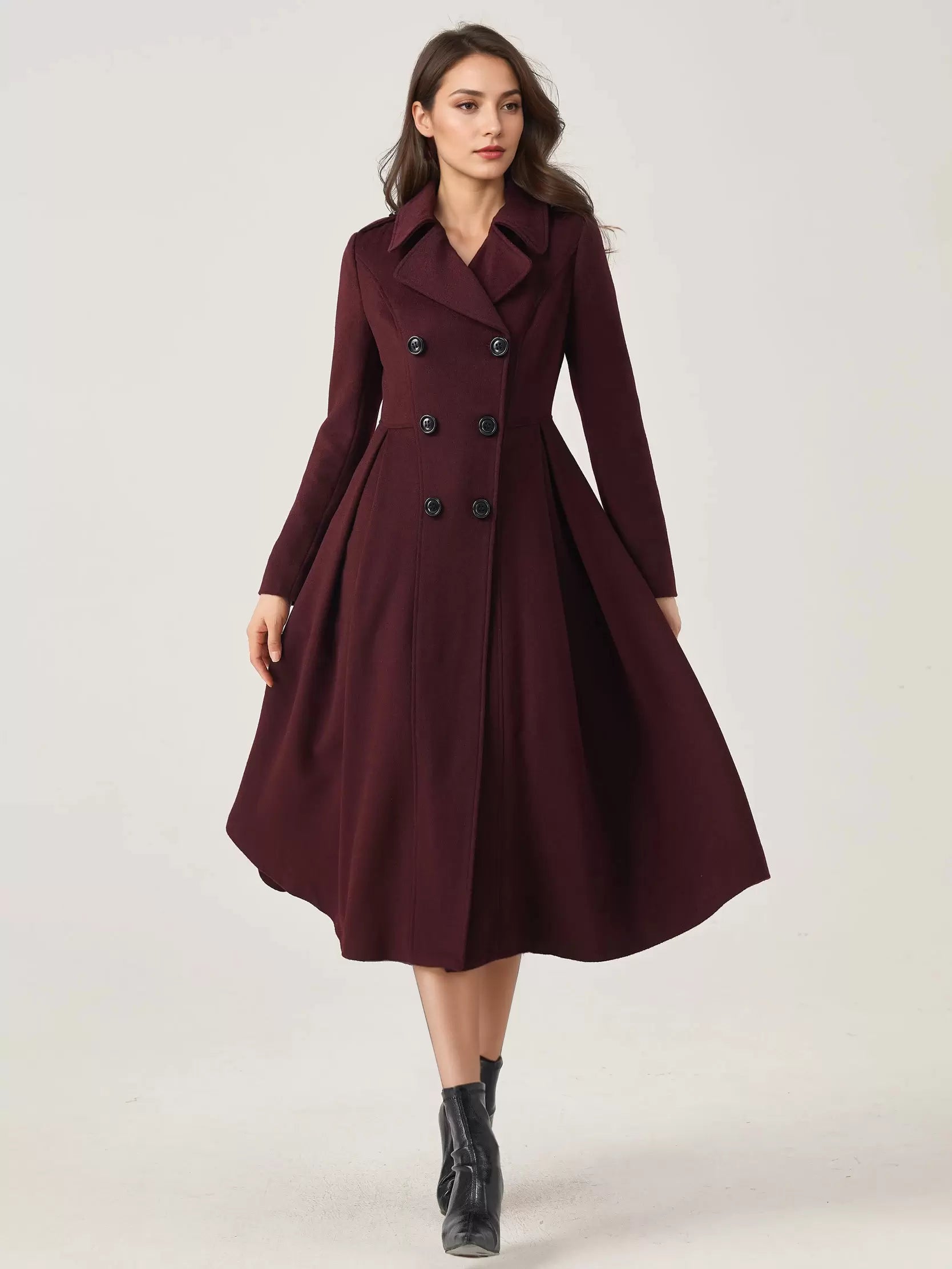 Flared A-Line Lapel Double Solid Wiast Long Sleeves Elegant And Vintage Coat