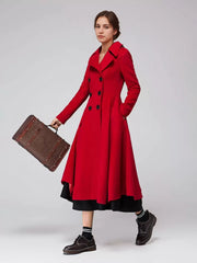 Flared A-Line Lapel Double Solid Wiast Long Sleeves Elegant And Vintage Coat