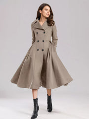 Flared A-Line Lapel Double Solid Wiast Long Sleeves Elegant And Vintage Coat