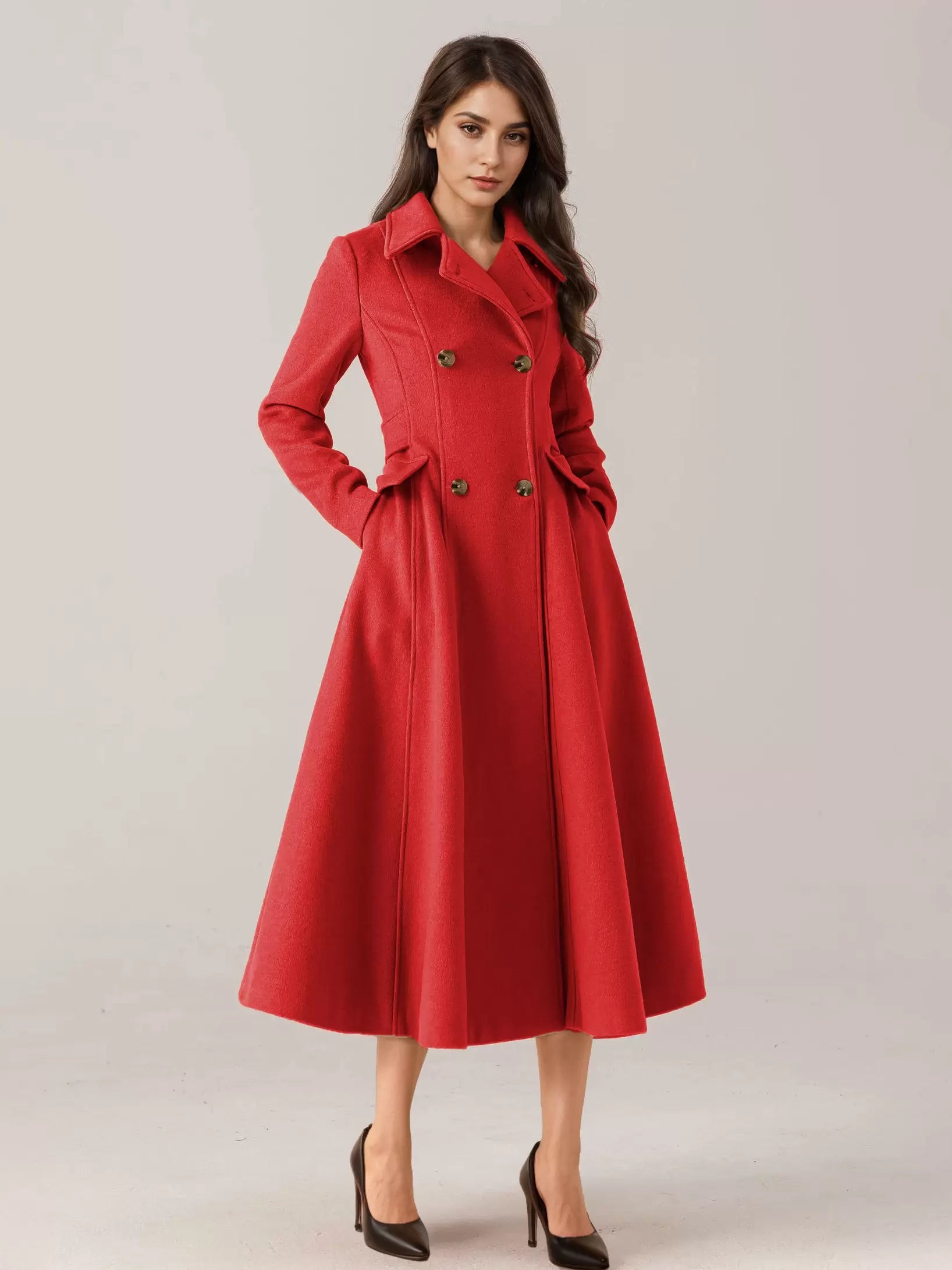 Flared Blend Turndown Collar Double Waist Elegant And Vintage Coat