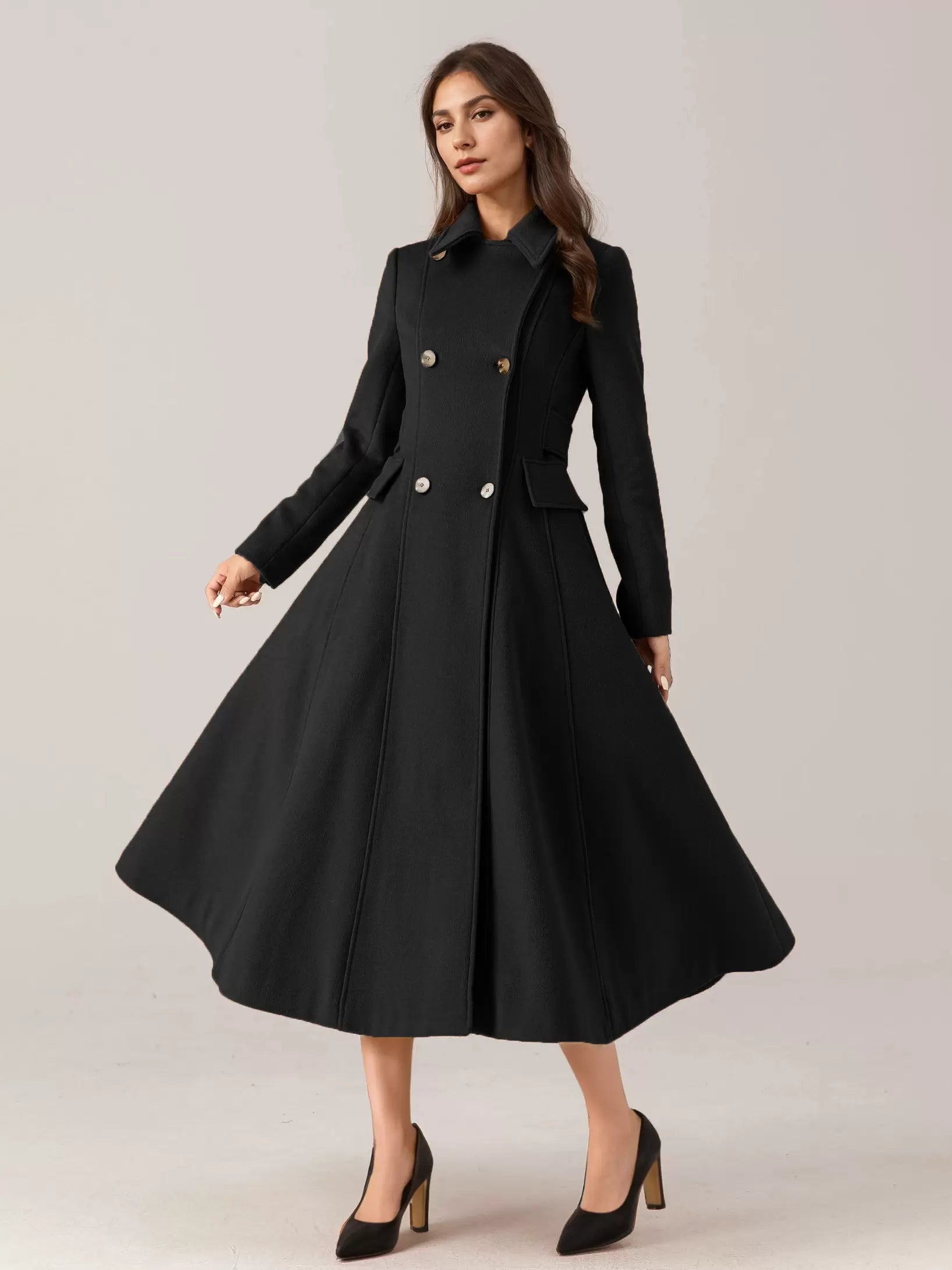 Flared Blend Turndown Collar Double Waist Elegant And Vintage Coat