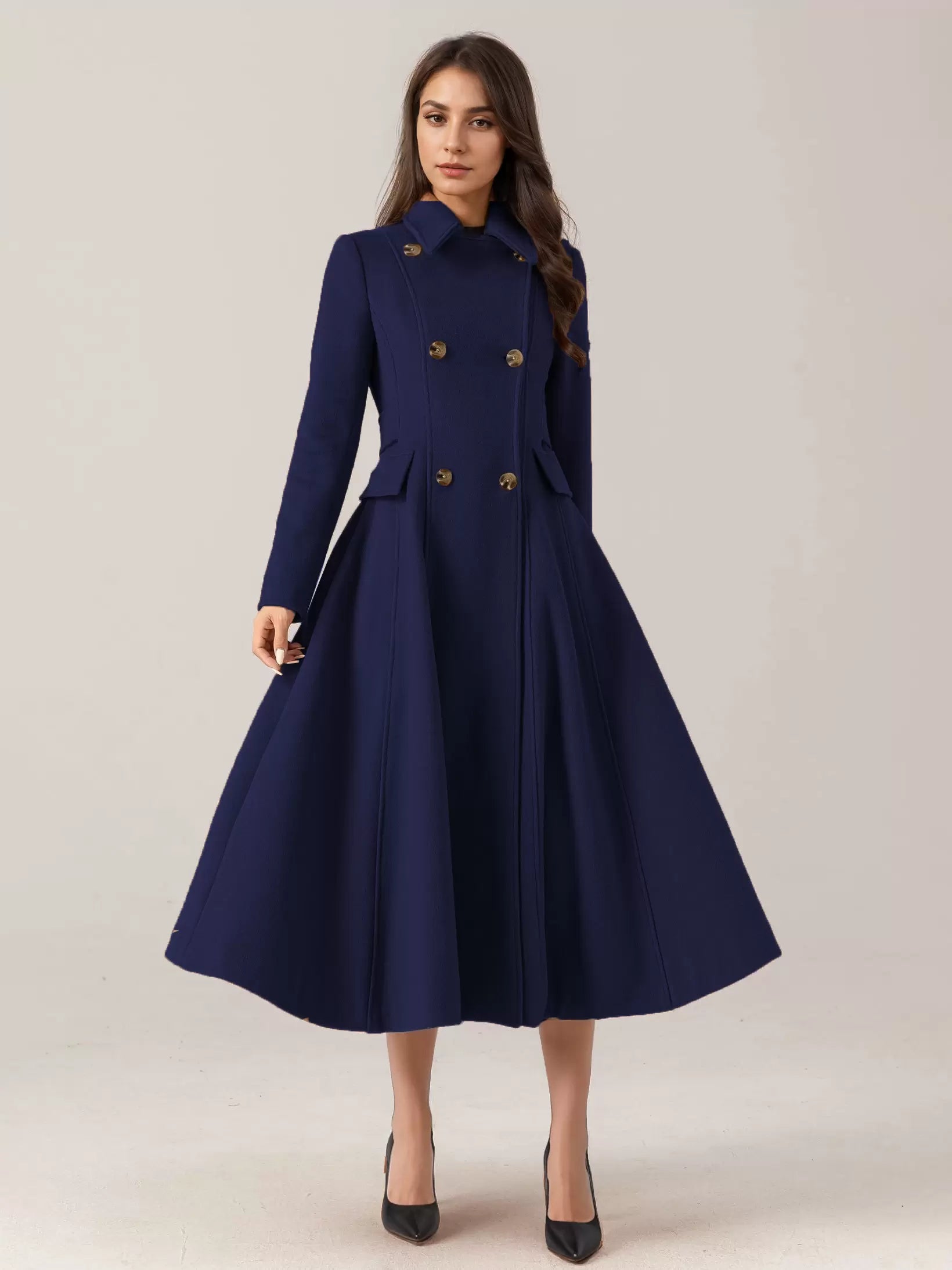 Flared Blend Turndown Collar Double Waist Elegant And Vintage Coat