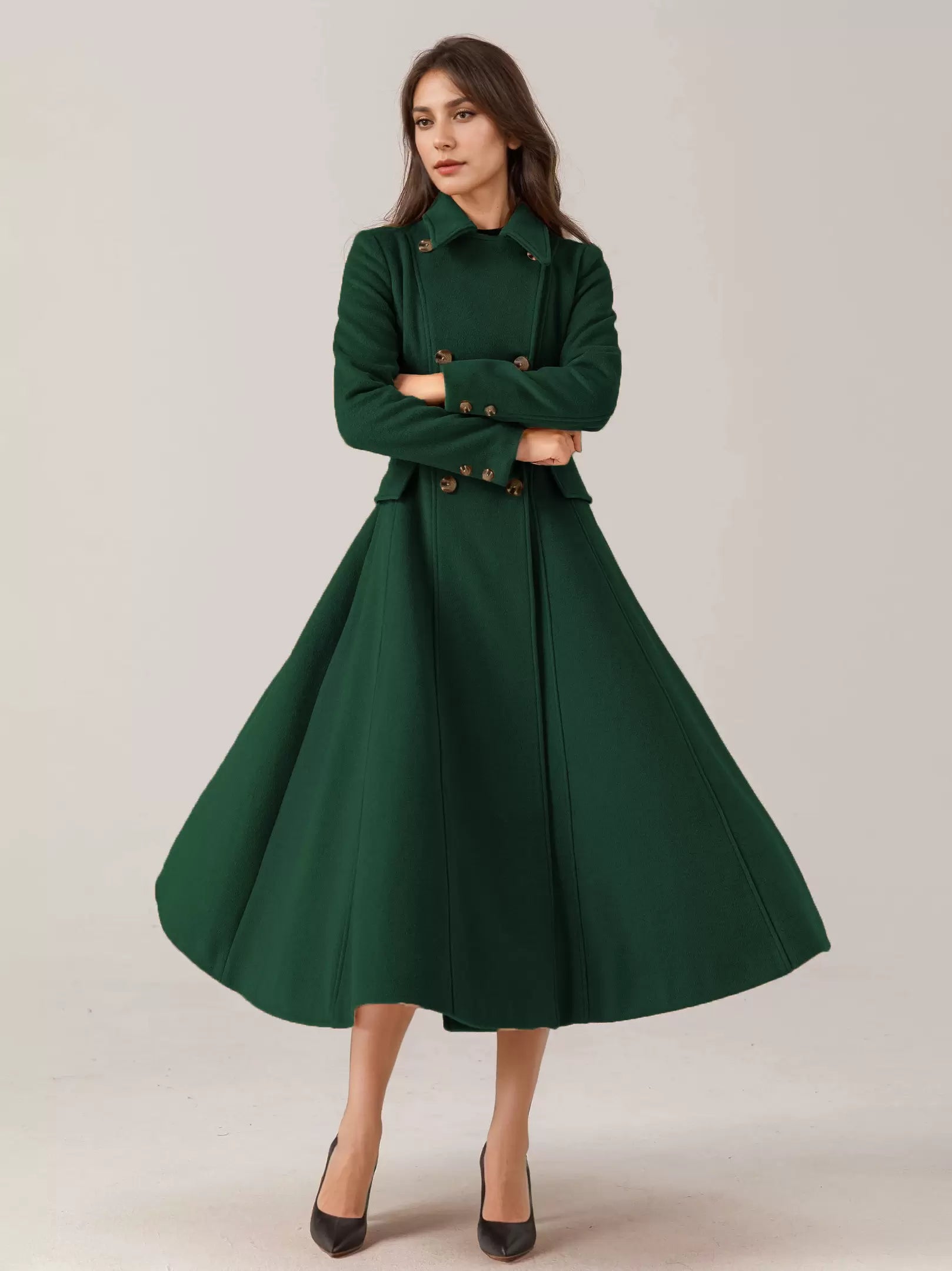 Flared Blend Turndown Collar Double Waist Elegant And Vintage Coat