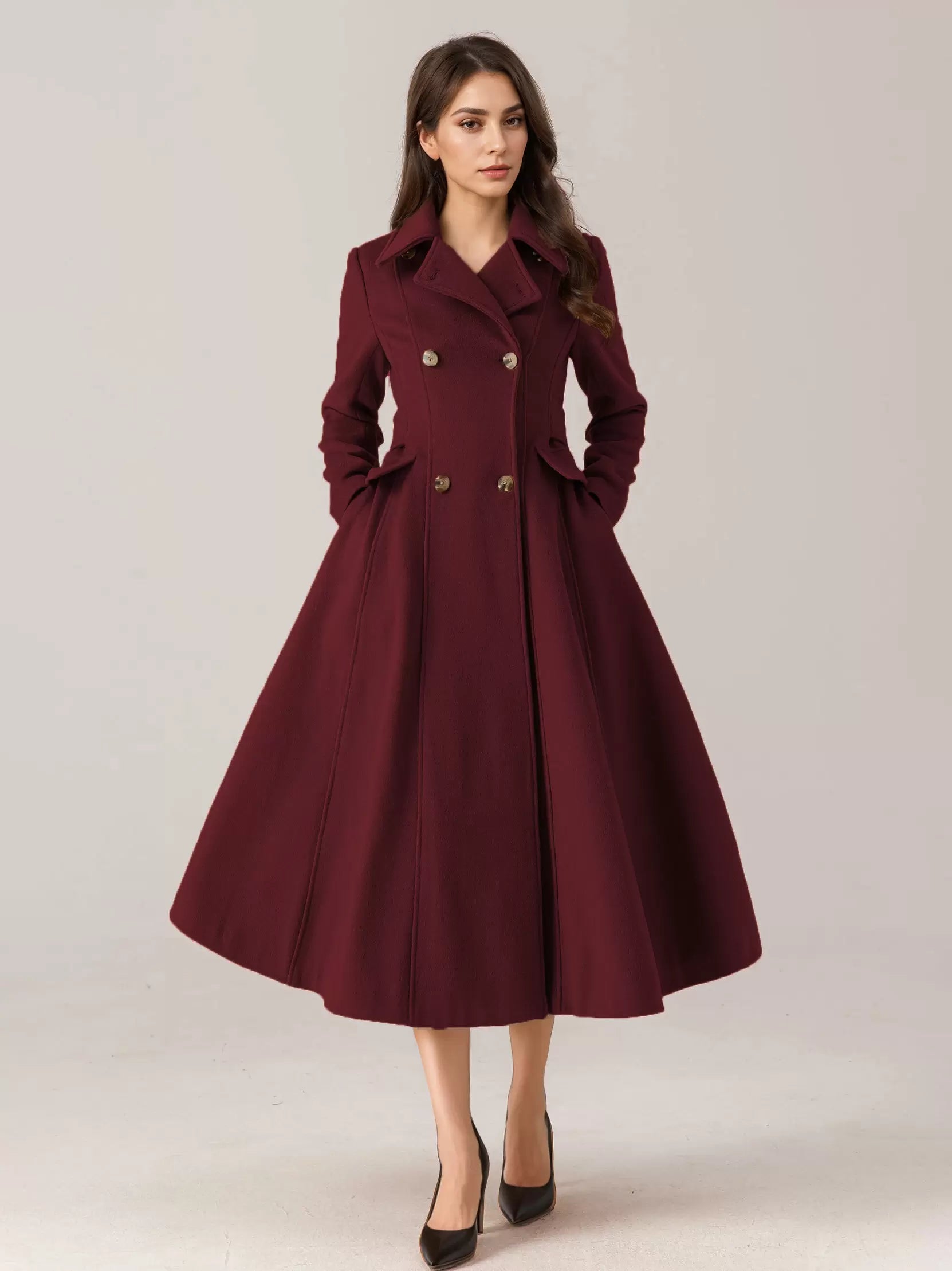 Flared Blend Turndown Collar Double Waist Elegant And Vintage Coat